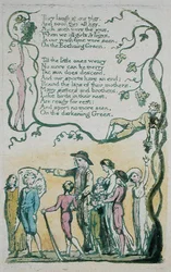 The Echchoing Green, and They laugh at our play..., skylt 8 från Songs of Innocence, 1789 (handfärgad relief etsning med akvarell)
